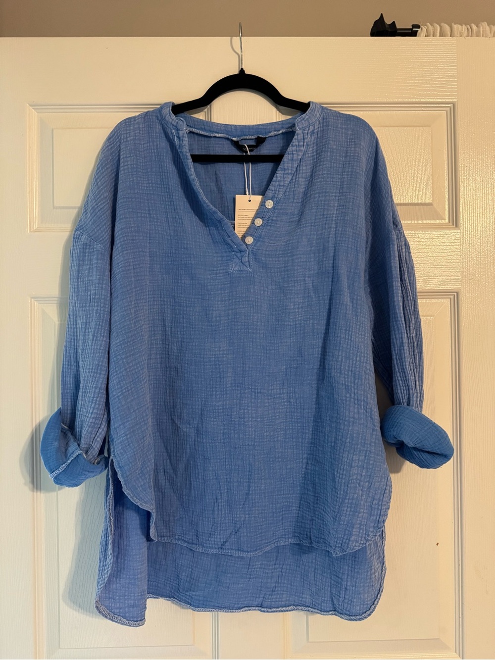 Lightweight Blue Gauze V-Neck Button Women's Tunic